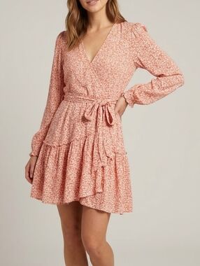 Billabong Coral Pink Floral Midi Wrap Dress Size M Flowy Self Tie Romantic Boho